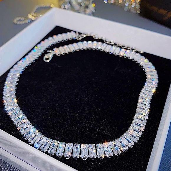 Baguette Sterling Silver Diamond Rhinestone Choker - Picture 7 of 7